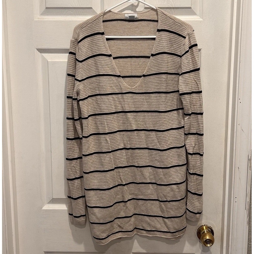 Old Navy Womens Large Beige Black Striped V-Neck French‎ Girl Pullover Sweater